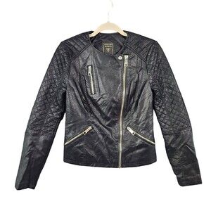 GUESS Black Geonna Faux Suede Vegan Leather Quilted Moto Jacket SIZE XS